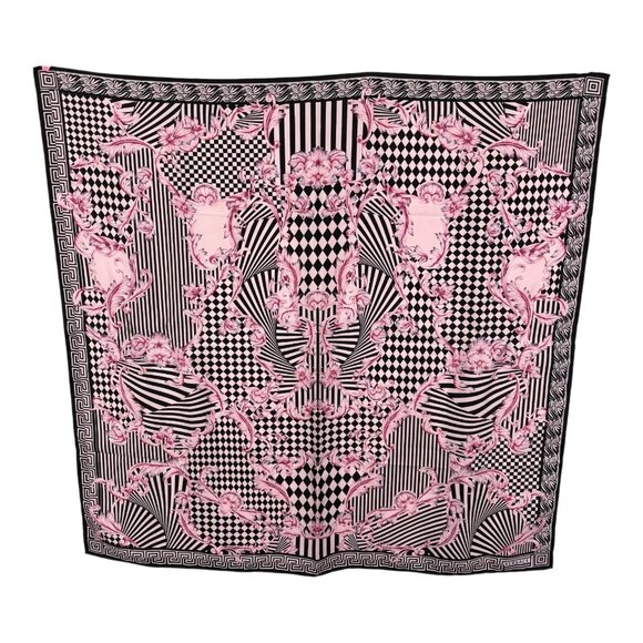 Versace Baroque Black Pink Checker Stripe 100% Silk Scarf 34"x34" - Picture 1 of 12
